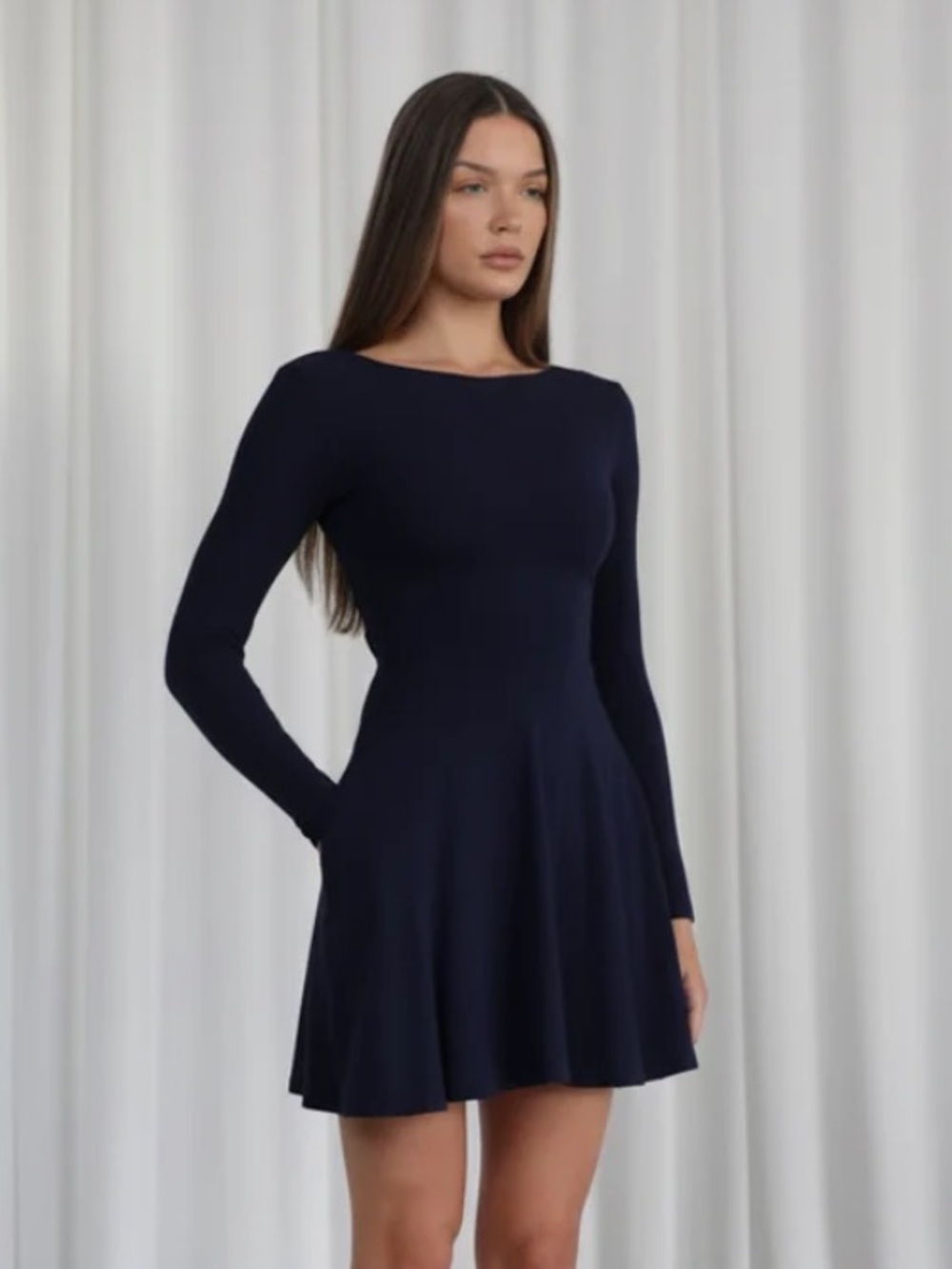 AYM STUDIO Midnight Black Long-Sleeve Reversible Lace Up Fit-and-Flare Dress